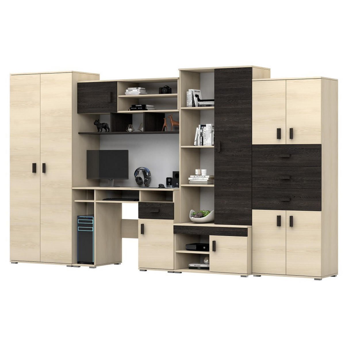WOHNWAND 350/202/52 cm NELLY mit Schreibtisch Esche, Esche + Canterbury Eiche - Hellbraun/Schwarz, Holz (350/202/52cm) - imoebel24