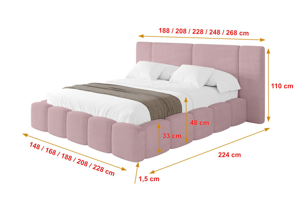 POLSTERBETT mit Bettkasten und Lattenrost, Bett mit Matratze H3/H4 - NILO 140x200 Rosa - Rosa, Holzwerkstoff/Textil (140/200cm) - ALTDECOR