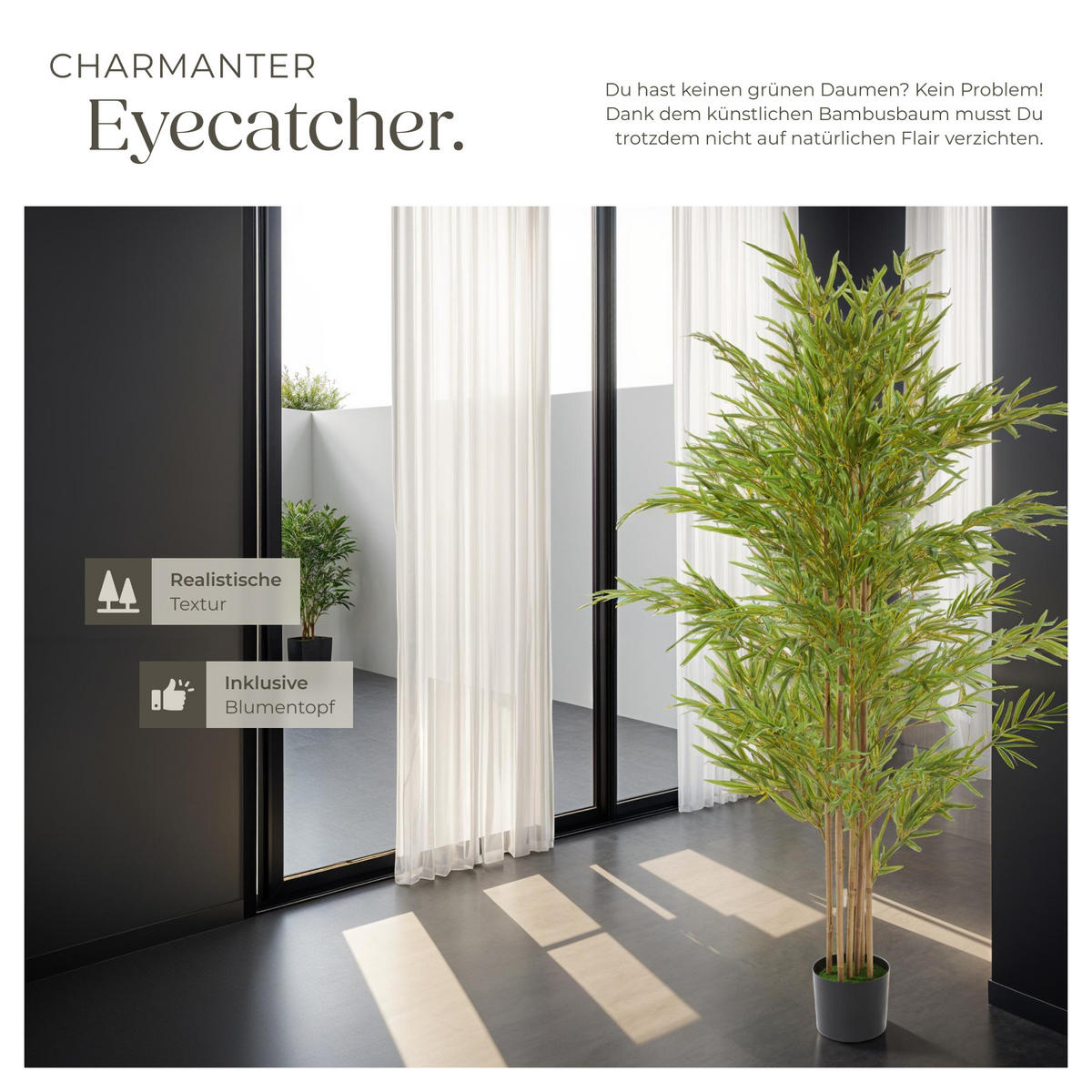 KÜNSTLICHER-BAMBUSBAUM Bambosa,stabiler Kunststoff-Blumentopf,grün - Grün, Kunststoff (180cm) - tectake