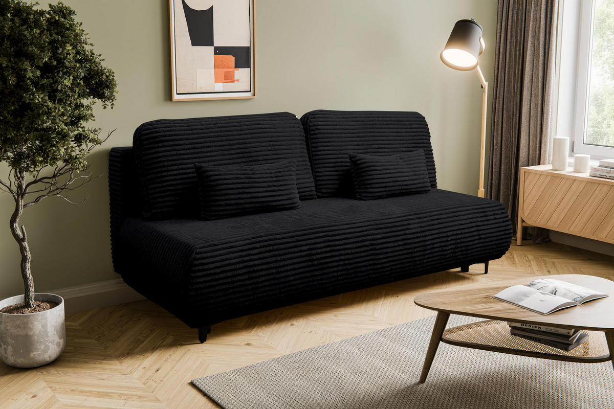 SCHLAFSOFA Etna mit Schlaffunktion und Bettkasten, Farbe: Schwarz, Cordstoff, Ottomane Unsiversal - Schwarz, Textil (205/80/90cm) - VENASI MÖBEL