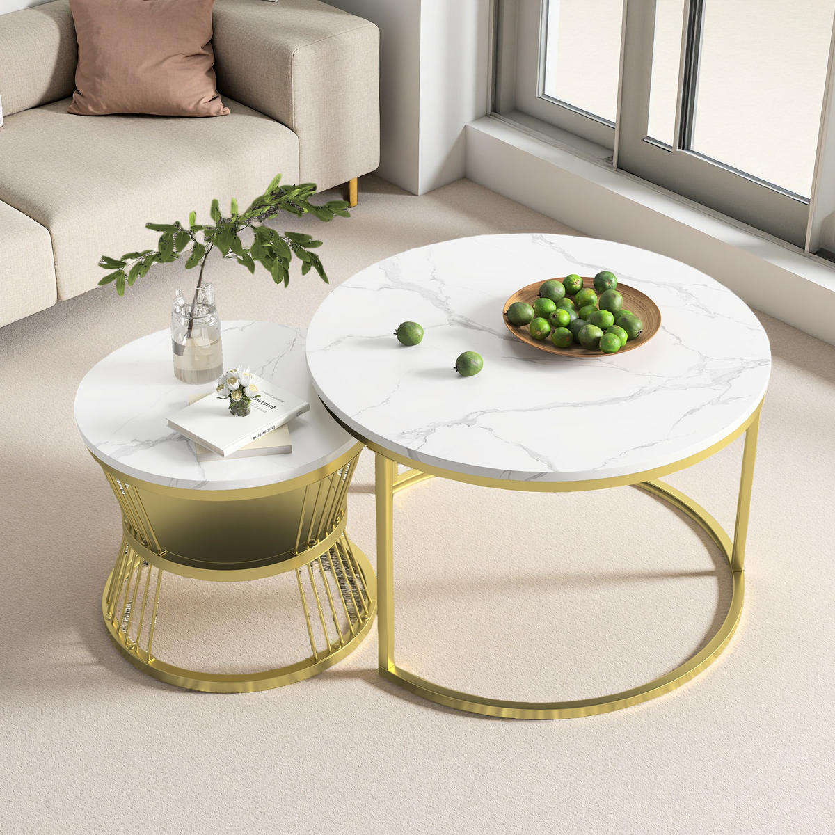 COUCHTISCH-SET Marmoroptik Weiß, Metallgestell Gold, 2er Set - Goldfarben/Weiß, Metall (70/70/45.5cm) - SHOPENTRA