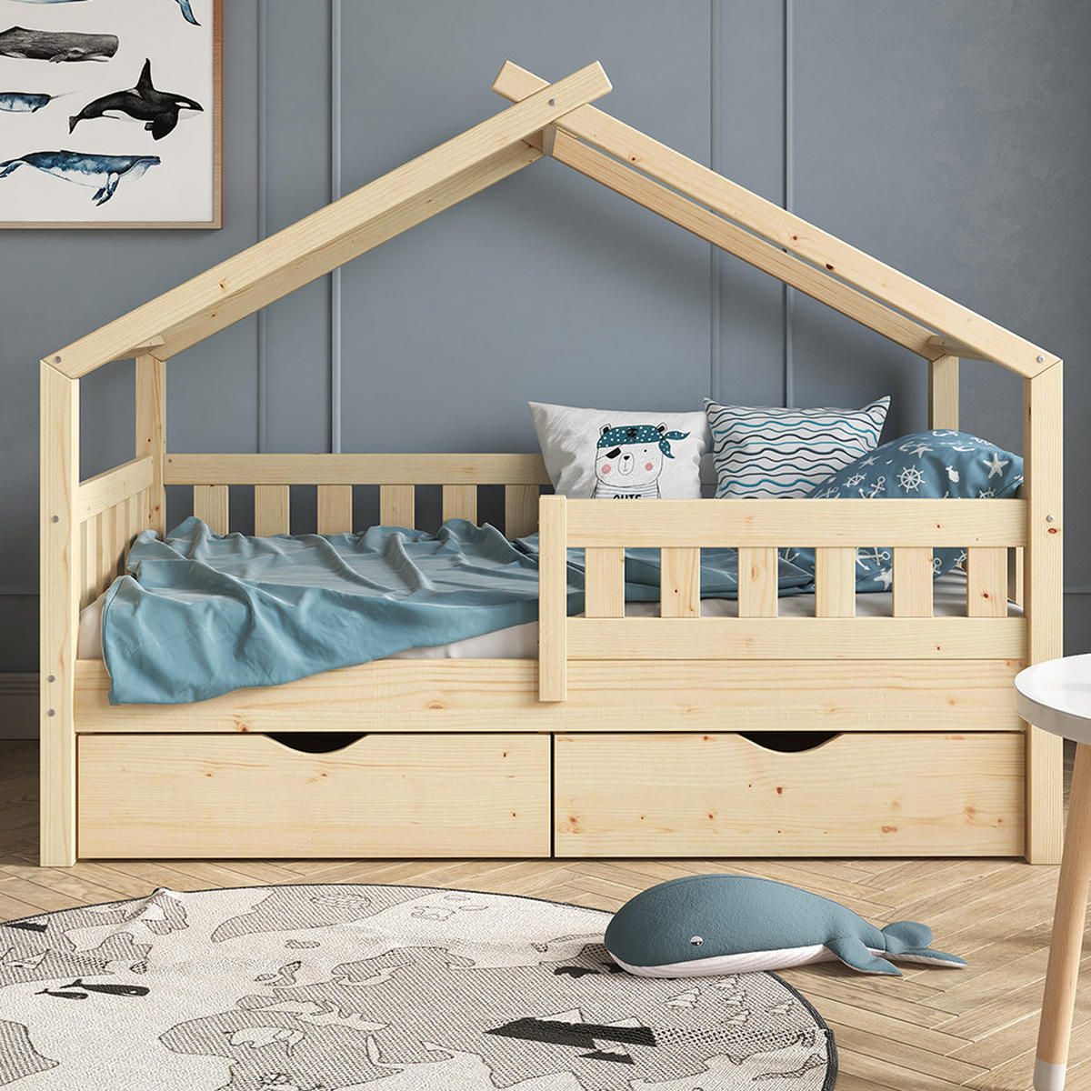 HAUSBETT Design Naturholz 80x160 cm mit 2 Schubladen und Matratze - Braun, Holz (80/160cm) - VitaliSpa