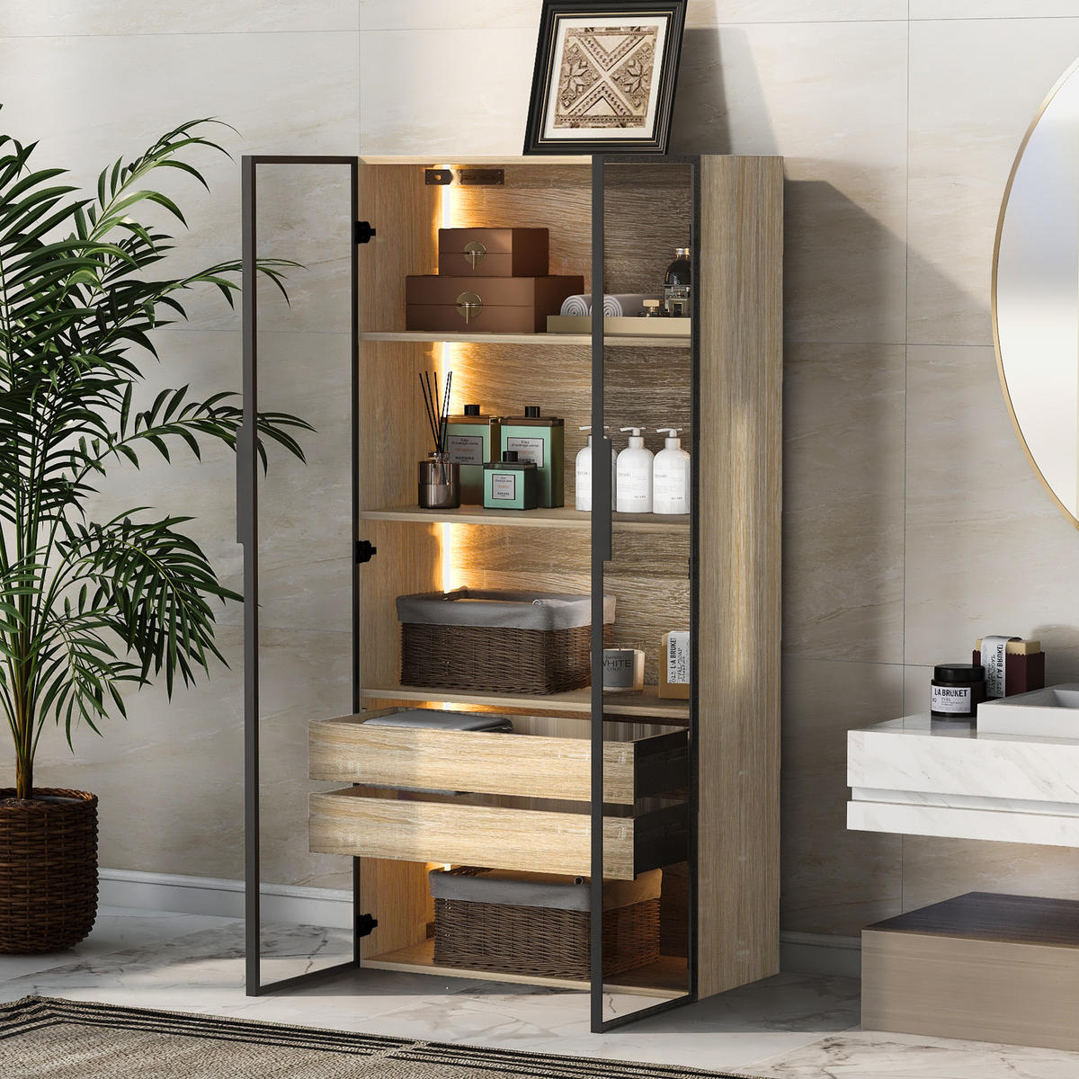 VITRINE in Naturfarbe Highboard mit Lichtleiste und Schubladen für Badezimmer, B74/T36/H155 cm - Transparent/Naturfarben, Glas/Holzwerkstoff (74/155/36cm) - STILVORA