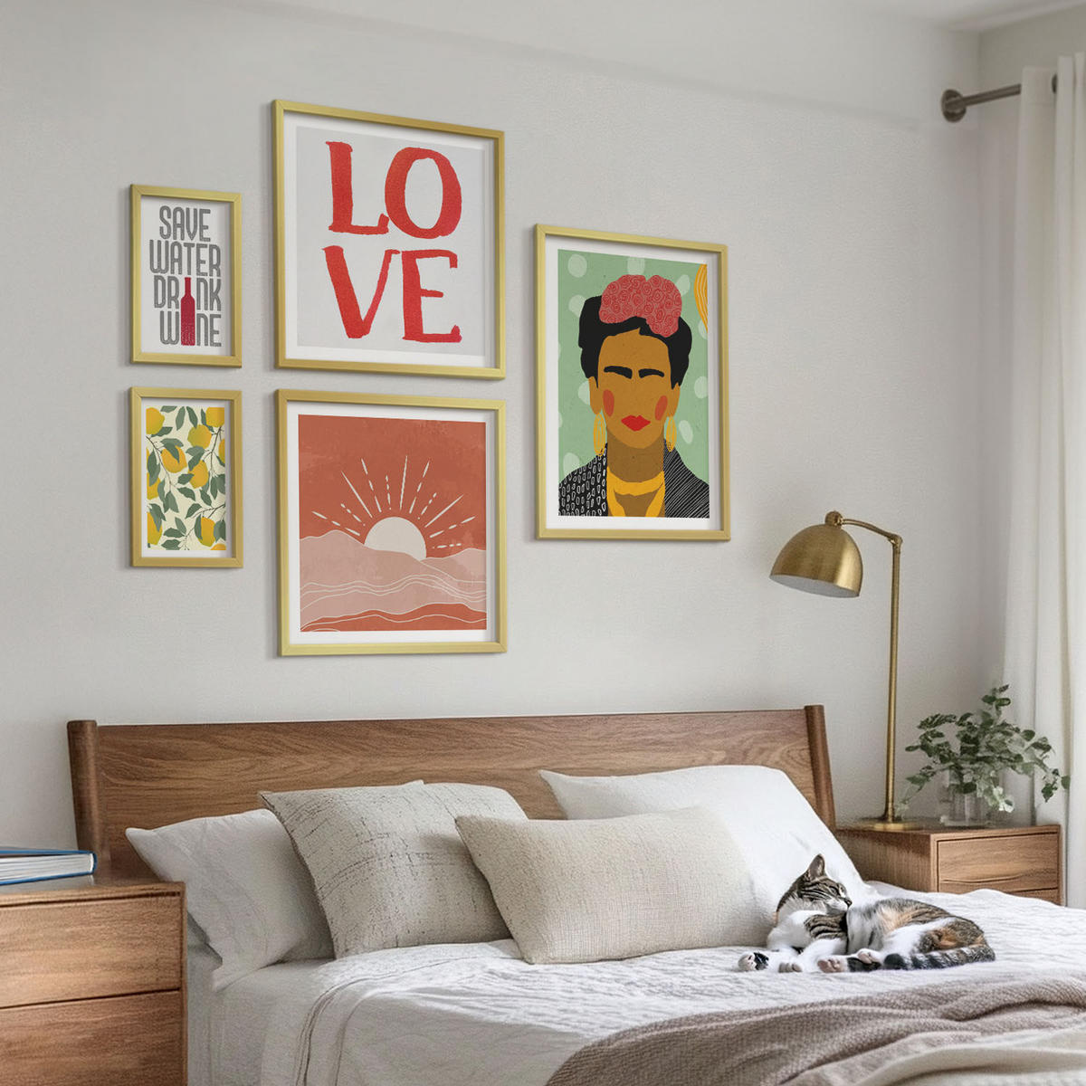 BILDER SET 5er Set - 50x50 cm & 20x30 cm & 40x60 cm Goldrahmen - Zitronen Inschrift Liebeslandschaft Frida - Goldfarben, Kunststoff (40/60cm) - TULUP