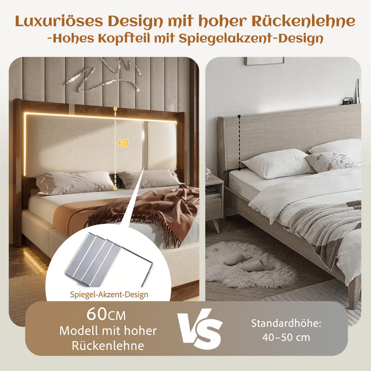 POLSTERBETT 140/200 cm aus Leinen und Holz mit LED und Bettkasten Beige - Beige, Textil (140/200cm) - Modenvie
