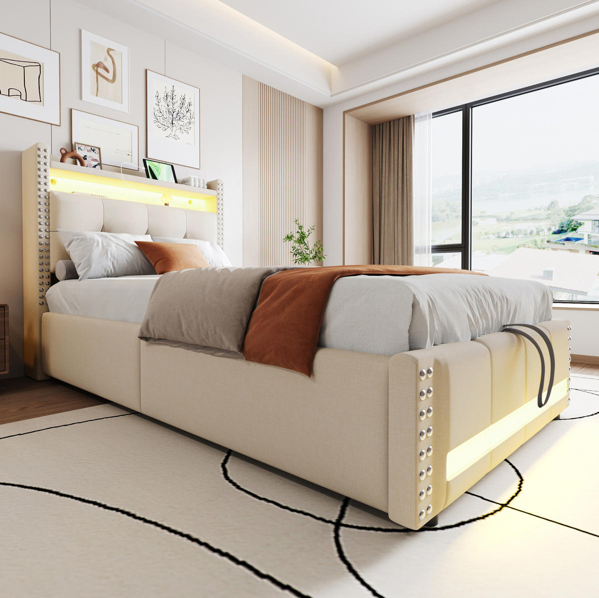 POLSTERBETT aus Leinenstoff 90x200 cm in Beige mit LED, USB & Stauraum - Beige, Textil (90/200cm) - Modfu