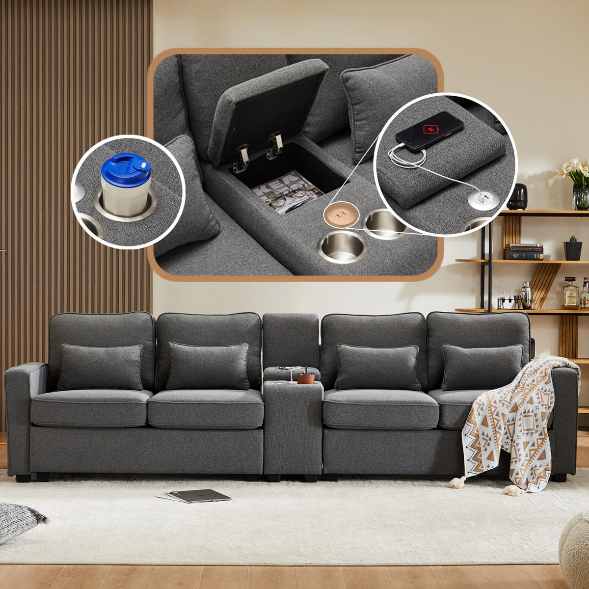 4-SITZER Sofa 290x83x88 mit Konsole, USB, Leinen, dunkelgrau - Dunkelgrau, Textil (83/88/290cm) - Luhomfu