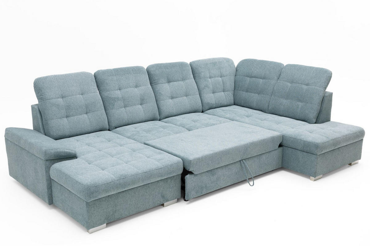 ECKSOFA U-Form OLIVIA U Rechts mit Schlaffunktion 124x257 Velours Blaugrau - Silberfarben/Blaugrau, Holz/Kunststoff (202/103/320cm) - Muffo