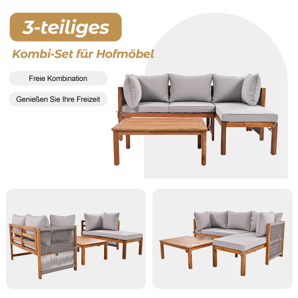 LOUNGEGARNITUR Grau aus Akazienholz 3er Set - Grau, Holz - OKMYHOME