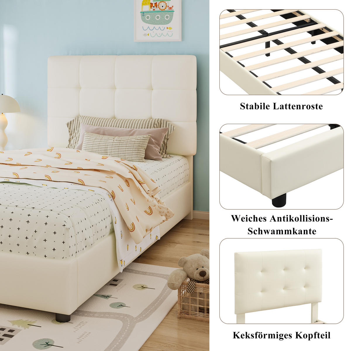 POLSTERBETT 90/200 cm Beige mit Keksförmigem Kopfteil aus PU und Eisen - Beige, Holzwerkstoff (90/200cm) - OKWISH