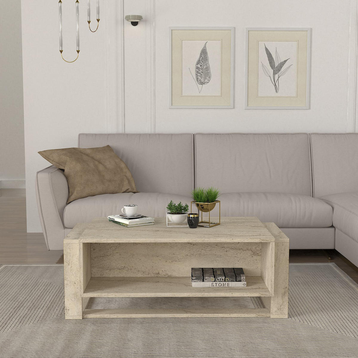 COUCHTISCH Bianco Beige Granit Optik - Beige/Goldfarben, Holzwerkstoff (60/107/41cm) - moebel17
