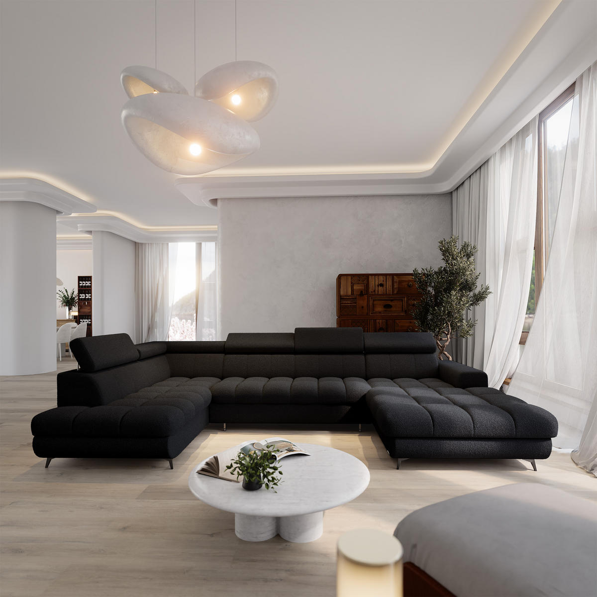 WOHNLANDSCHAFT CORENO Schwarz Boucle-Stoff mit Schlaffunktion - Schwarz, Holz (345/88/190cm) - MASSENO