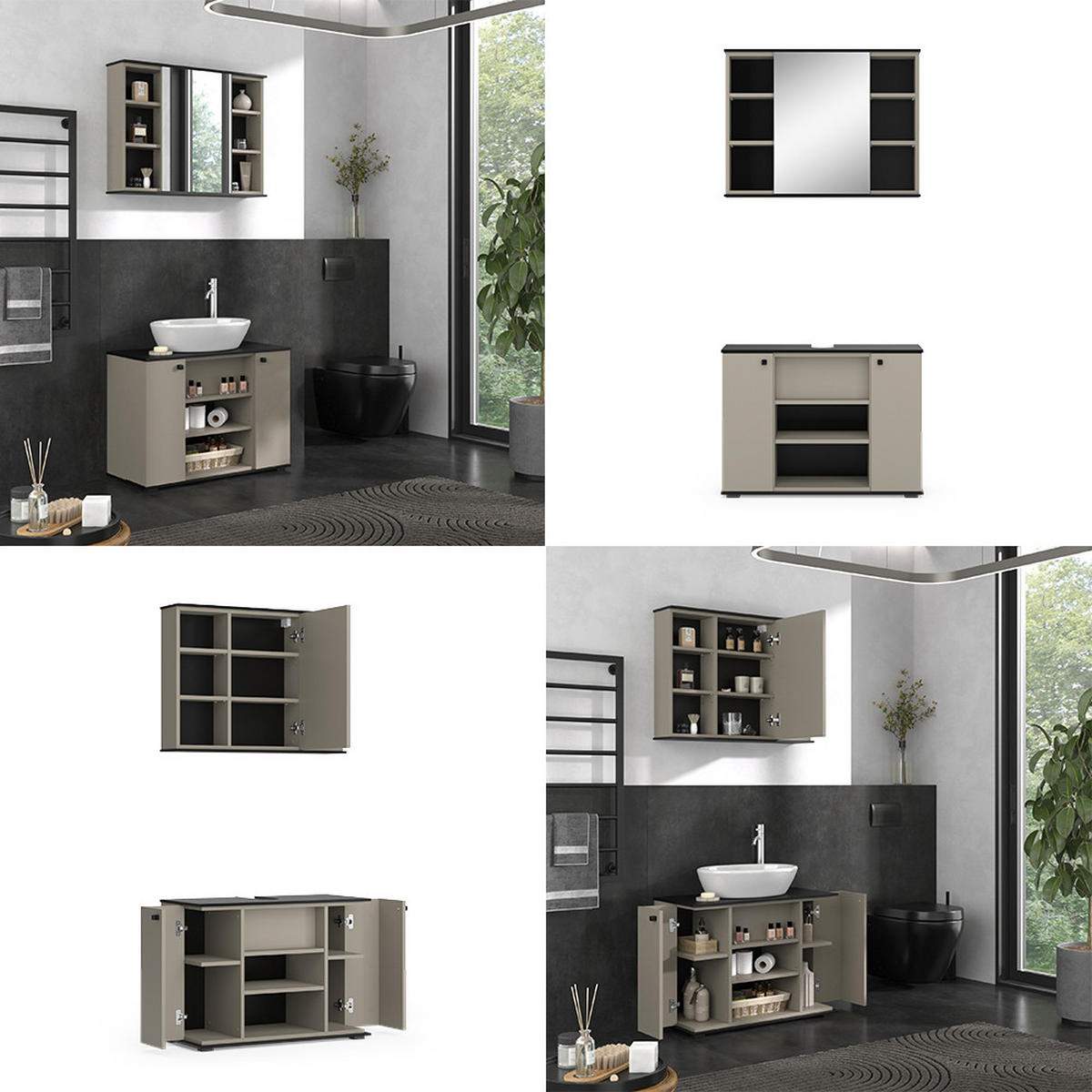 BADMÖBEL-SET Joli Greige 2 Teile - Greige/Schwarz, Holzwerkstoff (80/59/37cm) - Vicco