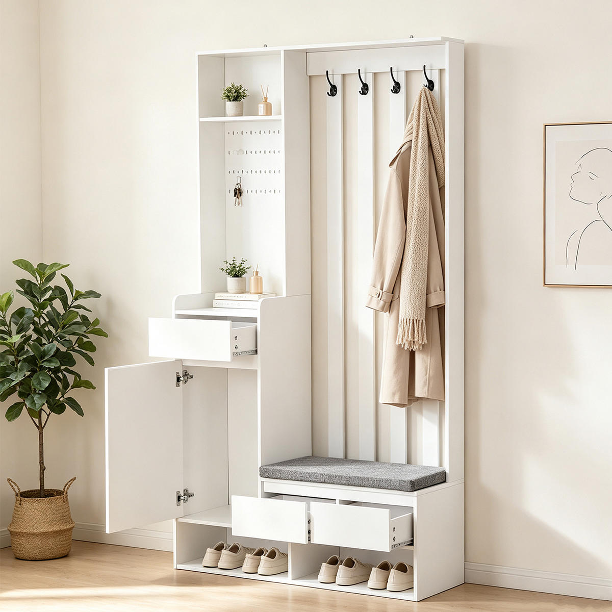 GARDEROBE mit gepolsterter Aufbewahrungsbank und Schuhschrank, weiß - Weiß, Holz (35/180/100cm) - Meubles Cosy