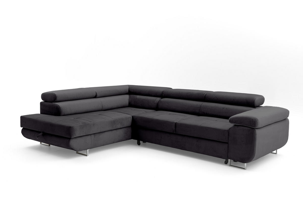 ECKSOFA WILD L Links mit Schlaffunktion 127x195 Velours Dunkelgrau - Chromfarben/Dunkelgrau, Holz/Textil (203/274cm) - Muffo
