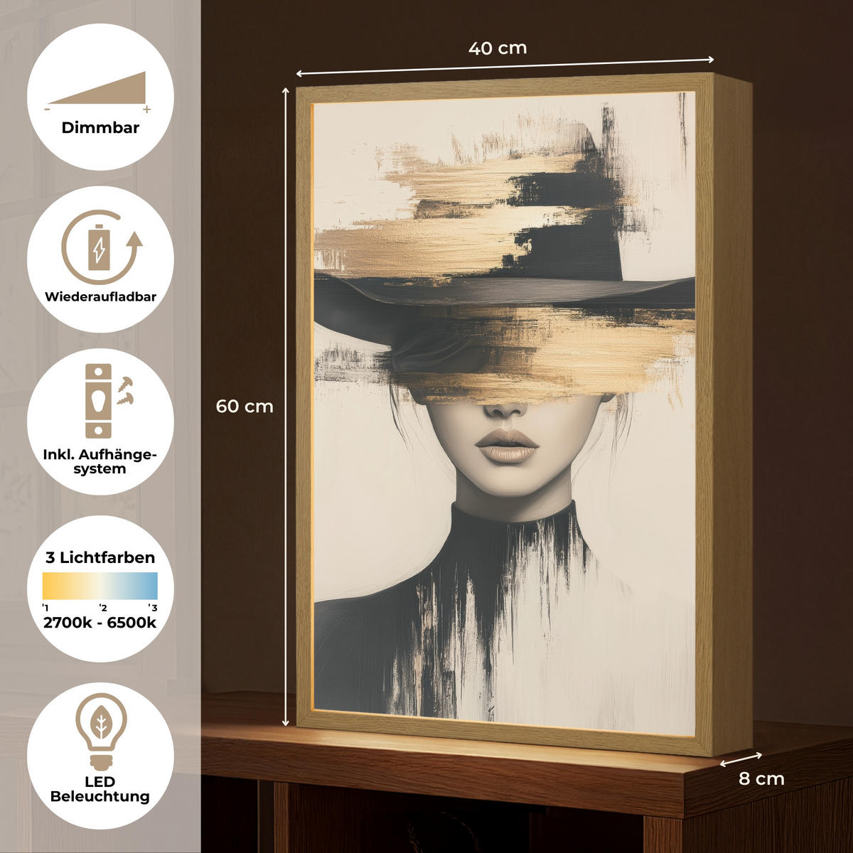 NÁSTĚNNÁ LAMPA S AKUMULÁTOREM Žena - klobouk - barva 40x60 cm - krémová, kompozitní dřevo (40/60/8cm) - OnlyWow