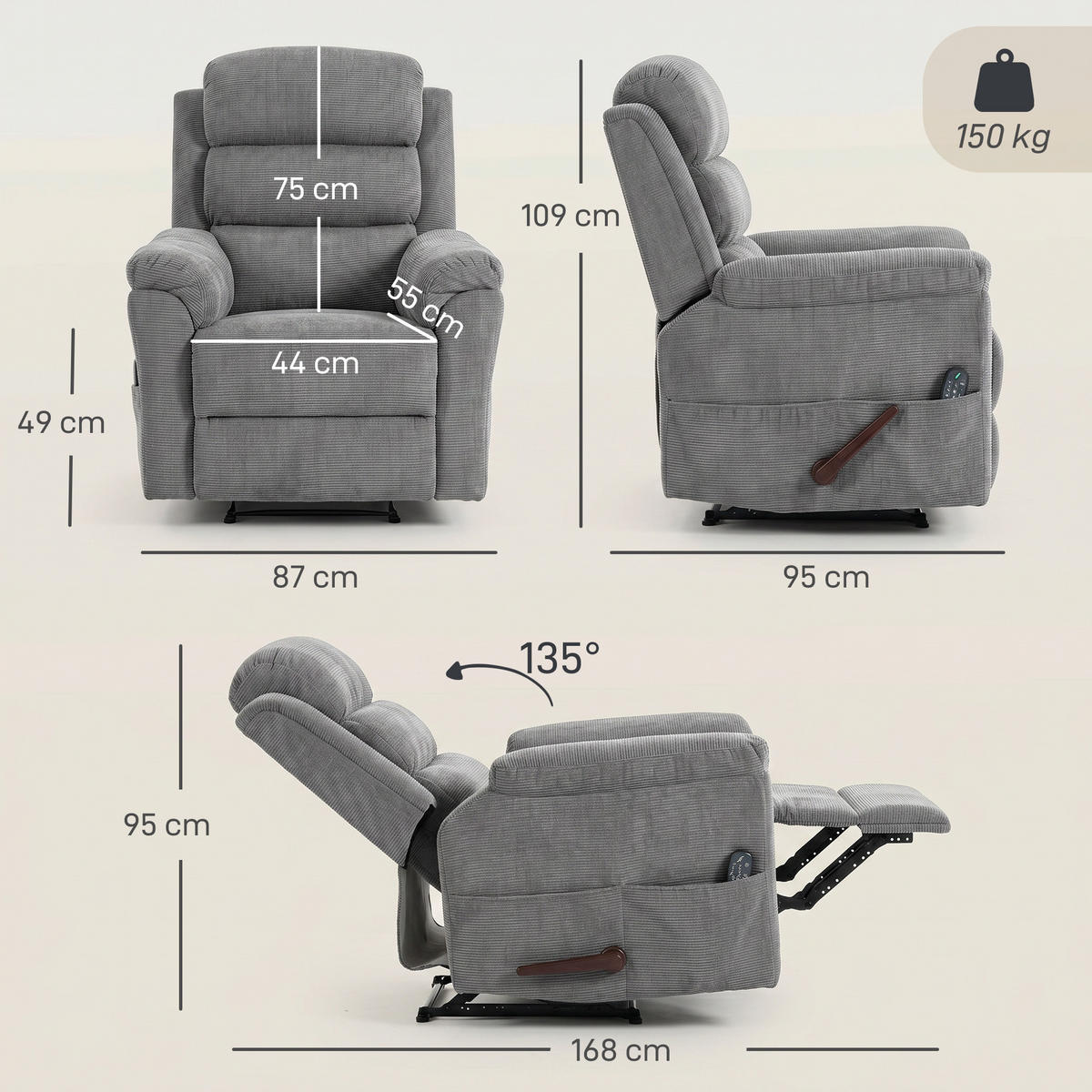 MASSAGESESSEL Polyester Grau - Grau, Textil/Metall (87/109/95cm) - HOMCOM