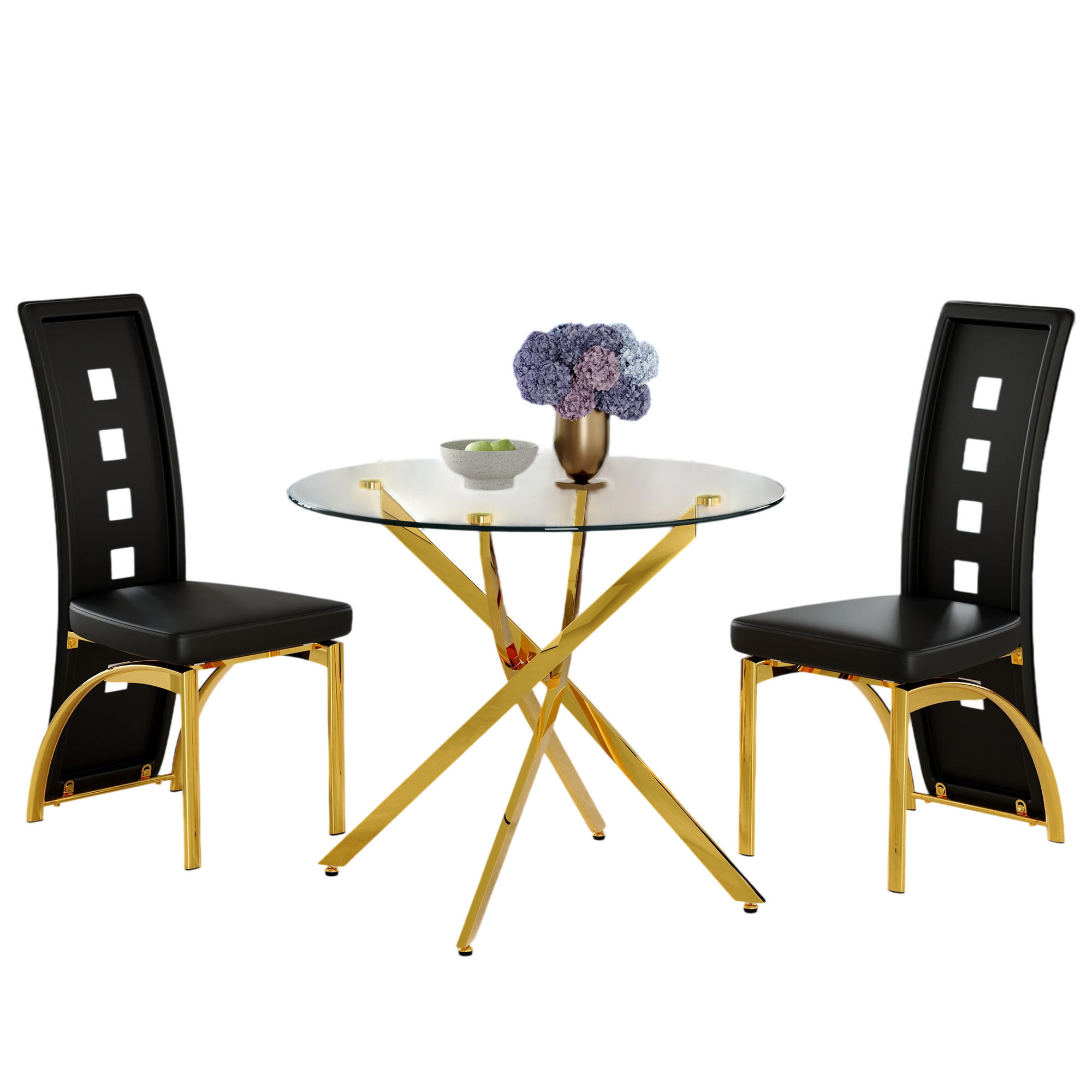 ESSGRUPPE DE-39452 3-teilig, Glastisch und 2 Stühlen mit Lochmuster Schwarz/Gold - Goldfarben/Schwarz, Metall (88/75/88cm) - ComfortXL