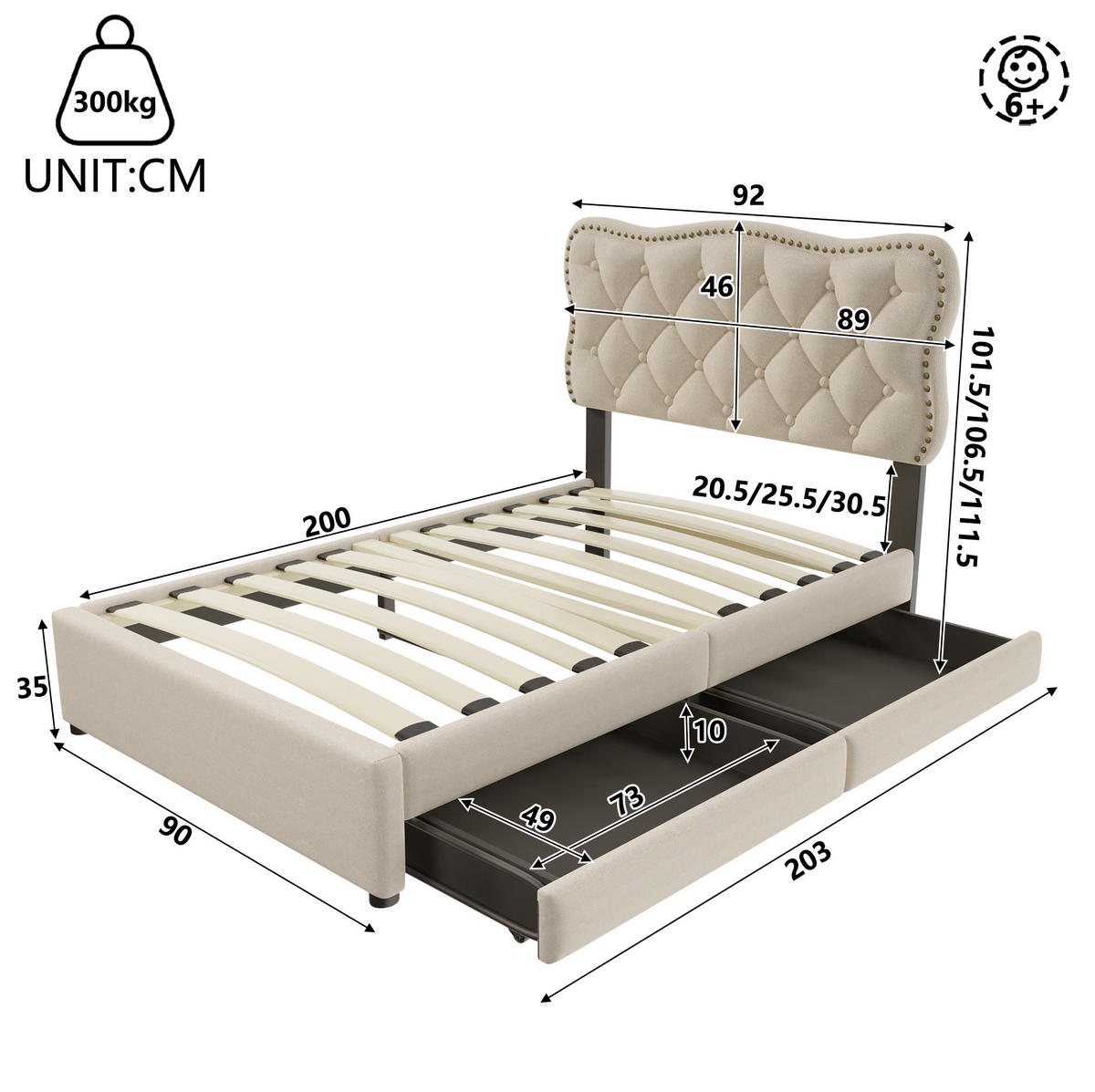 POLSTERBETT 90/200 cm Dunkelbeige aus MDF und Leinenstoff mit 2 Schubladen - Beige, Textil (90/200cm) - OKMYHOME