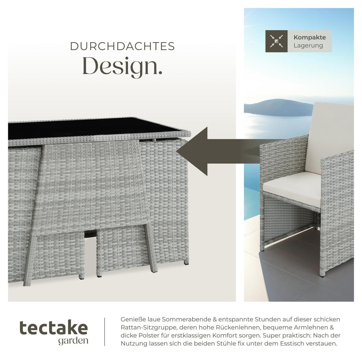 RATTAN SITZGRUPPE Lausanne,zusammenschiebbar,hellgrau - Hellgrau, Kunststoff - tectake