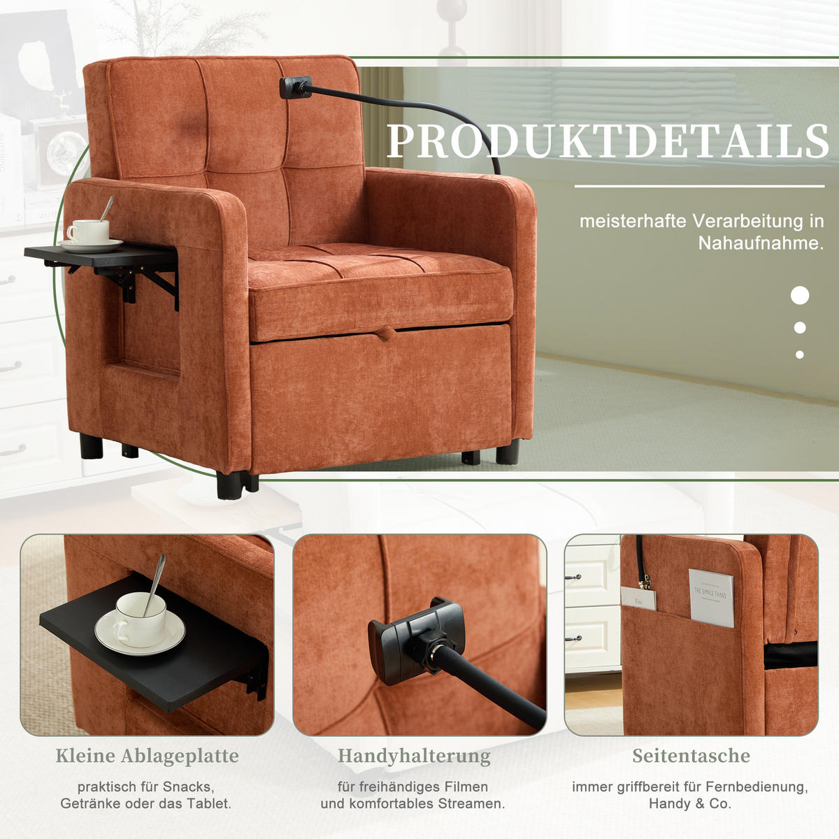 SOFA Chenille Orange mit Kissen, Stauraum und Handyhalterung - Orange, Textil/Metall (79/83/167cm) - WISHDOR