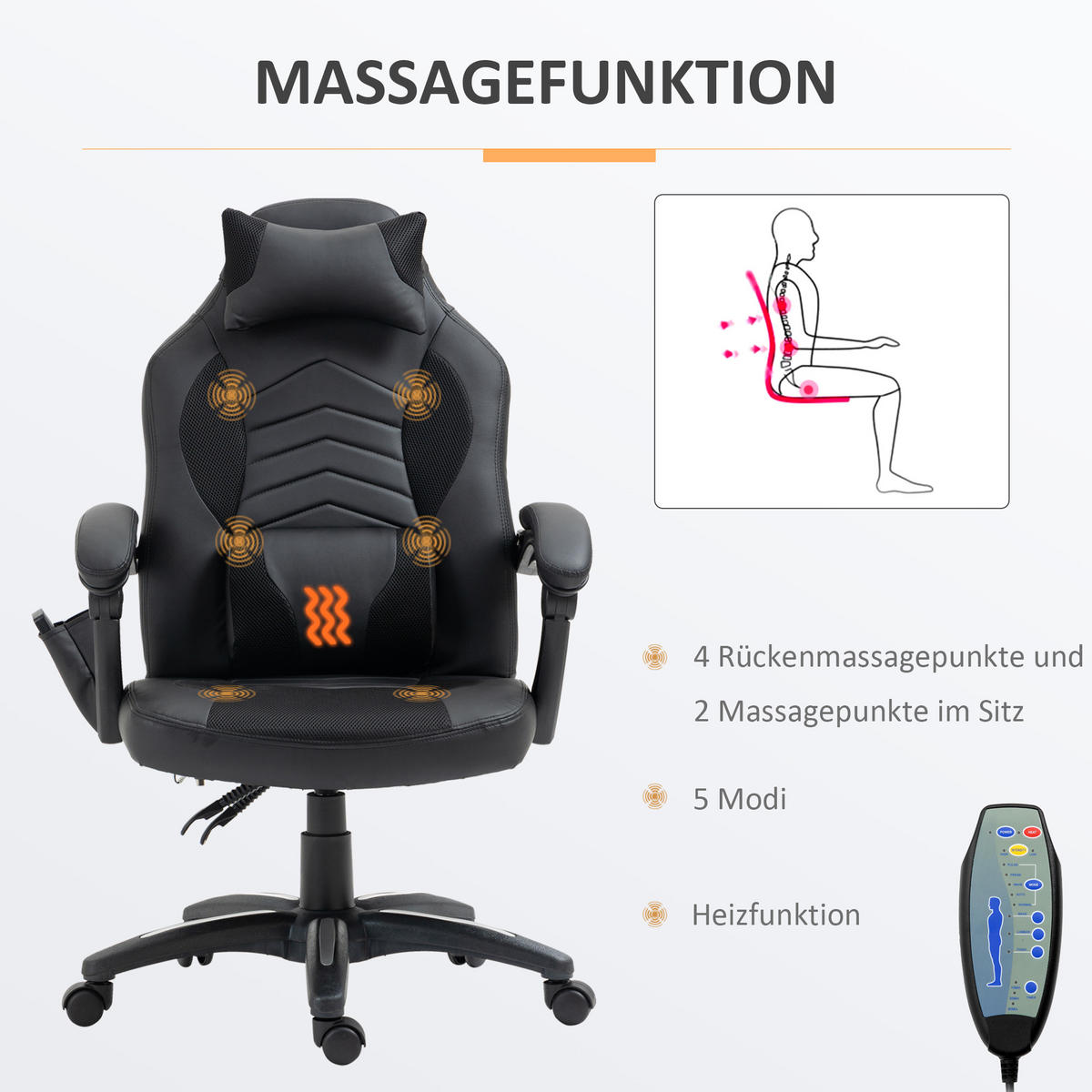 BÜROSTUHL Massagesessel, Schwarz - Schwarz, Leder (69/117/68cm) - HOMCOM