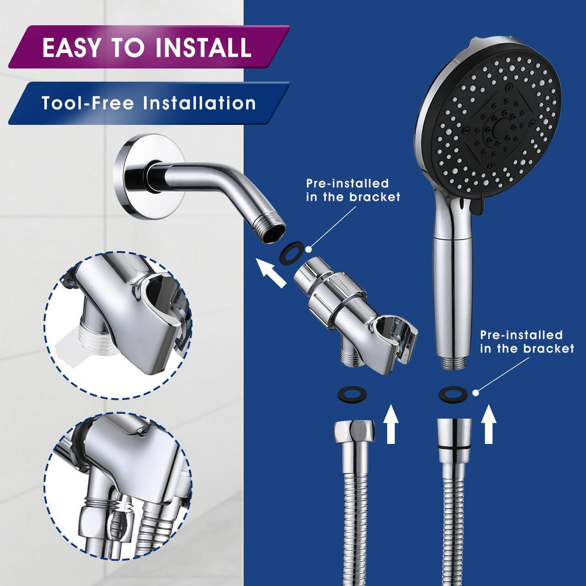 DUSCHKOPF – silber – passend für 1/2-Zoll-Anschluss, inklusive 150 cm Schlauch und Halterung - Silberfarben, Kunststoff (28.5cm)