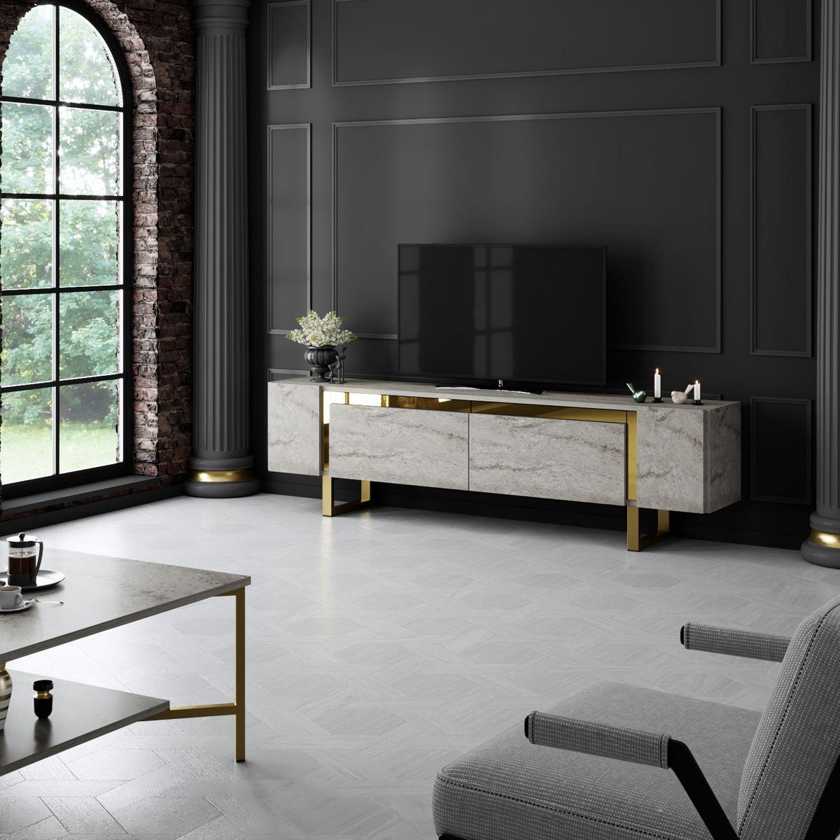 TV-MÖBEL Yildiz Travertin-Gold - Beige/Goldfarben, Holz (180/50/30cm) - Habitat Garten