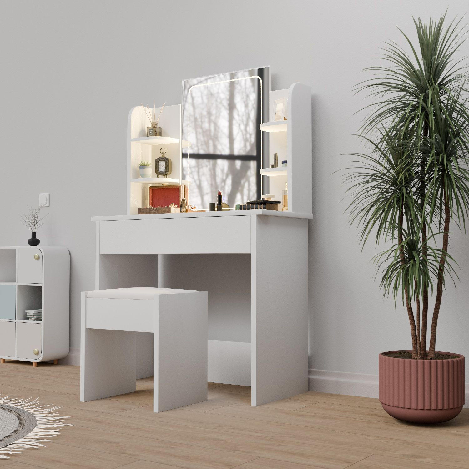 SCHMINKTISCH Zoey LED-Spiegel & Hocker Melly - Weiß, Holz (40/140/90cm) - Juskys