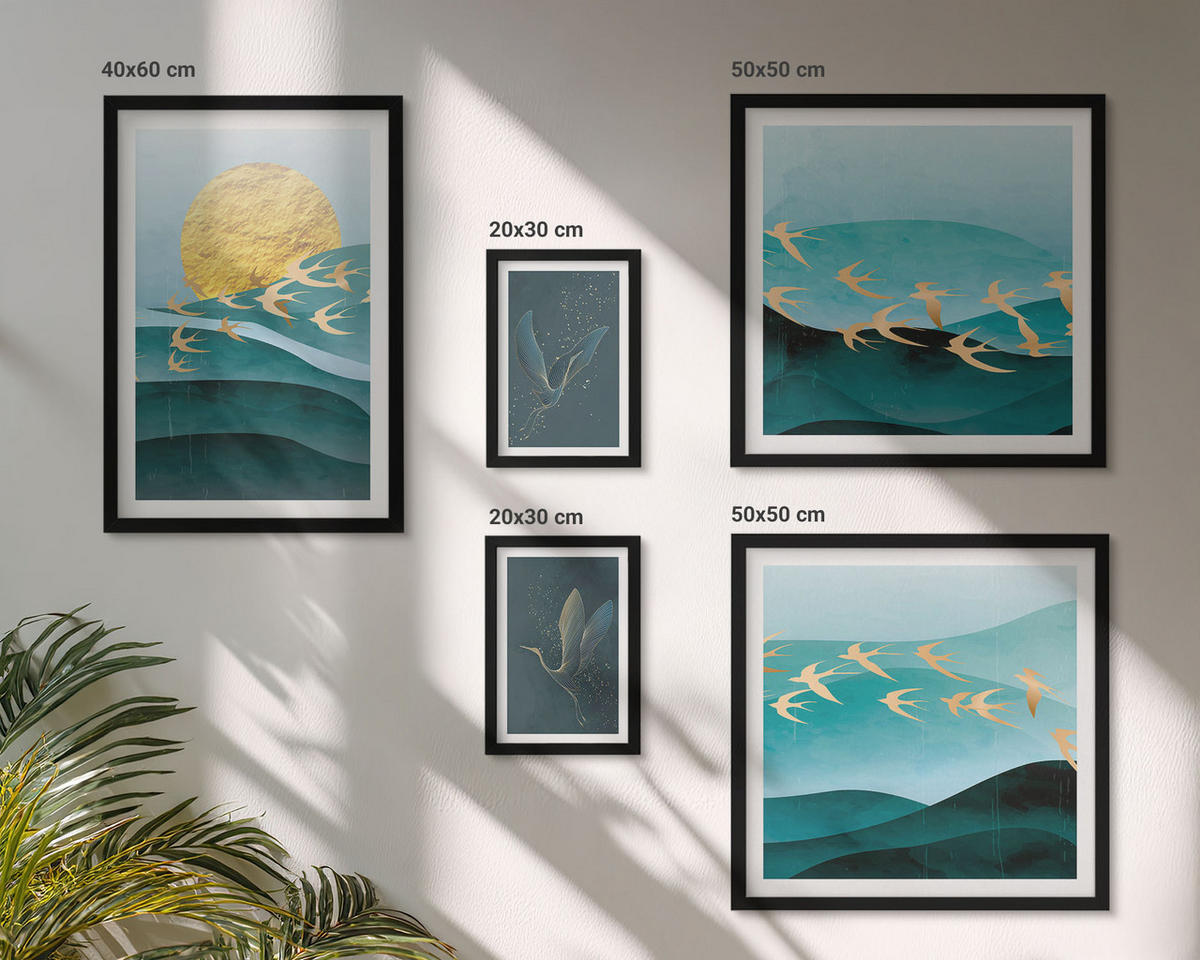 BILDER SET 5er Set - 50x50 cm & 20x30 cm & 40x60 cm Schwarzer Rahmen - Stilvolle Landschaften mit Vögeln - Schwarz, Kunststoff (40/60cm) - TULUP
