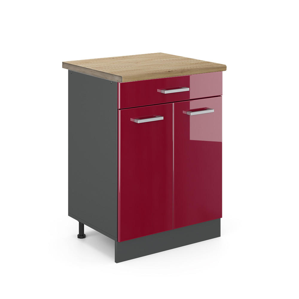 KÜCHENUNTERSCHRANK R-Line Rot Hochglanz 60 cm , AP Eiche - Bordeaux/Anthrazit, Holzwerkstoff (60/81.6/60cm) - Vicco