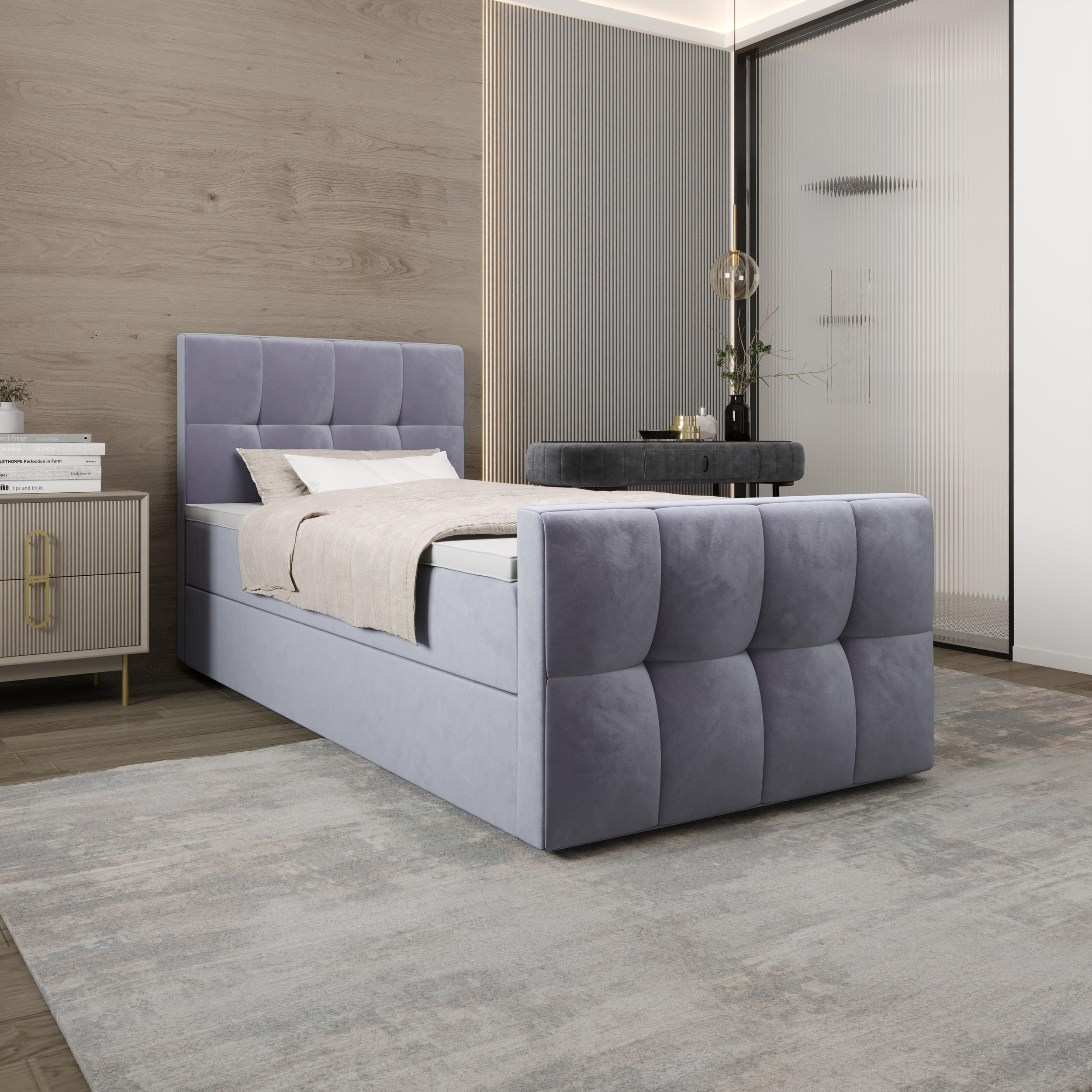 BOXBETT MANHATTAN mit Matratze H3, Bonell und Topper 100x200 Monolith 70 - Hellblau, Textil (100/200cm) - Bedante