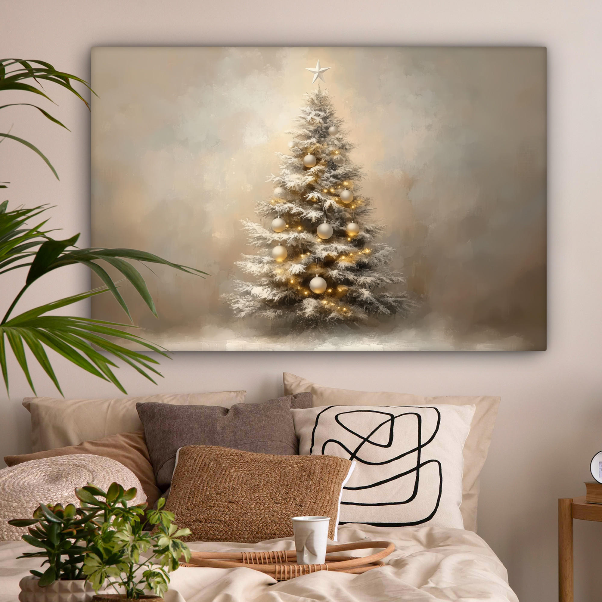 LEINWANDBILD Weihnachten - Weihnachtsbaum - Schnee - Kunst Wohnzimmer 120x80 cm - Champagner, Textil (120/80cm) - MuchoWow