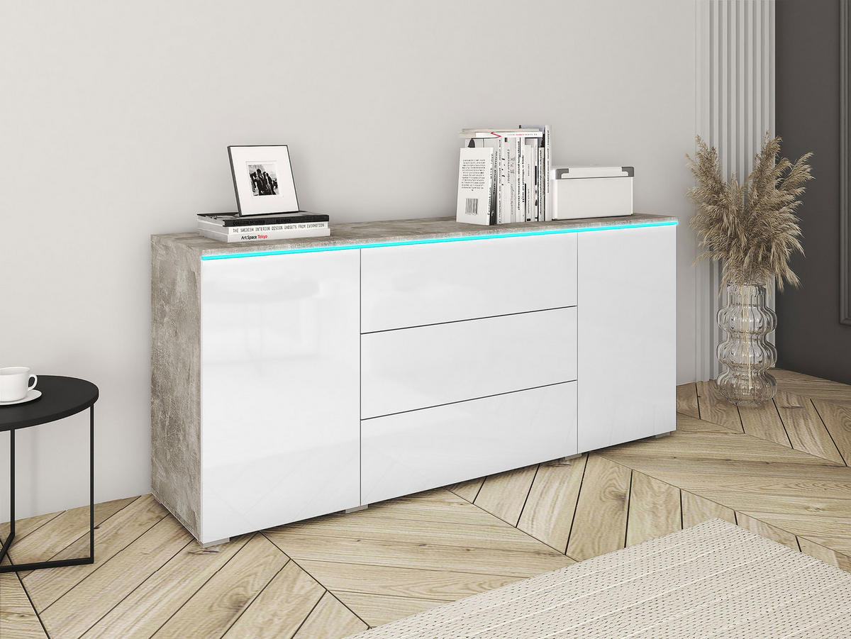 SIDEBOARD Vera 150 mit RGB LED Beleuchtung - Weiß Hochglanz/Hellgrau, Holzwerkstoff (150/66/40cm) - MIRJAN24