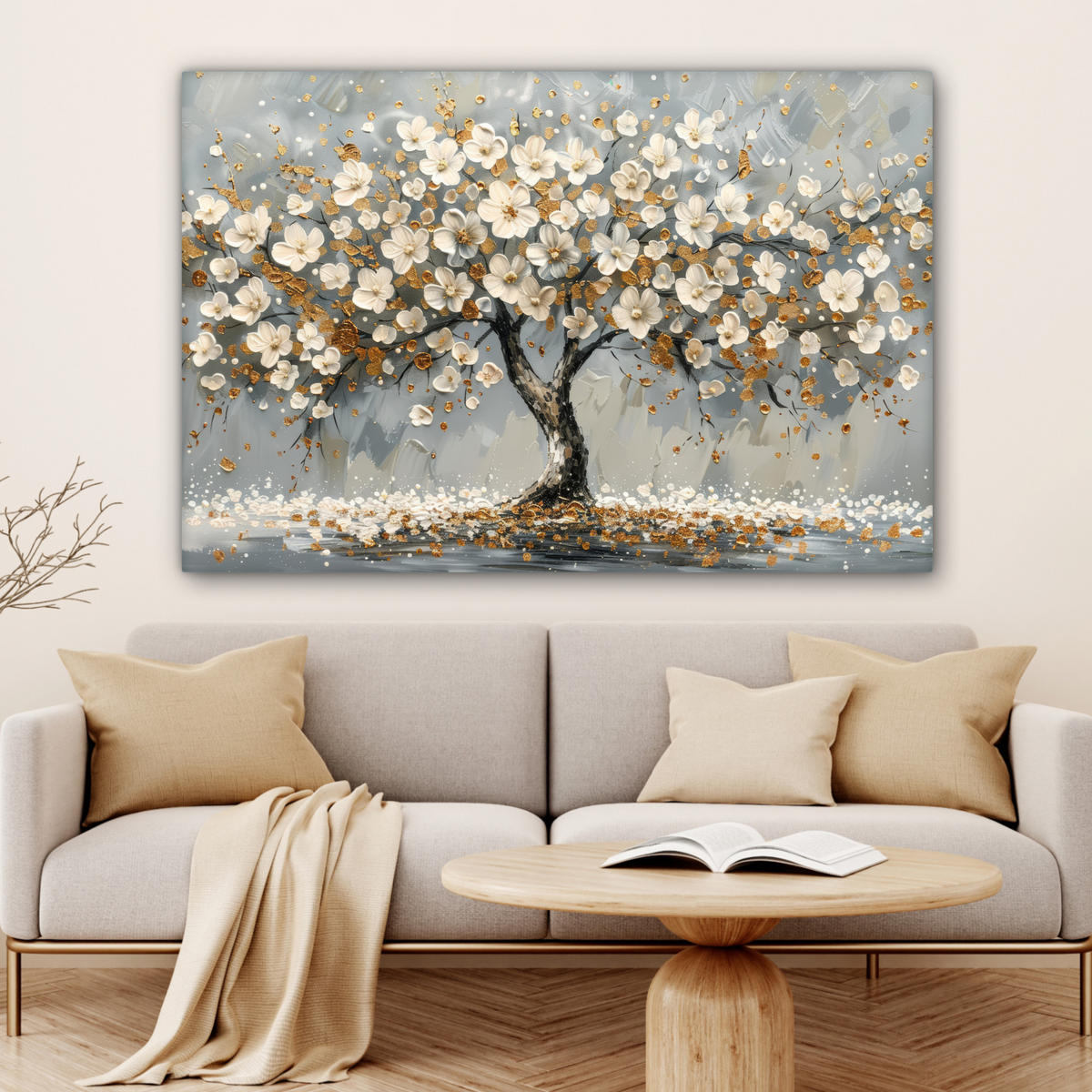 LEINWANDBILD Baum - Blumen - Weiß - Natur - Kunst XXL 150x100 cm - Weiß, Textil (150/100cm) - MuchoWow