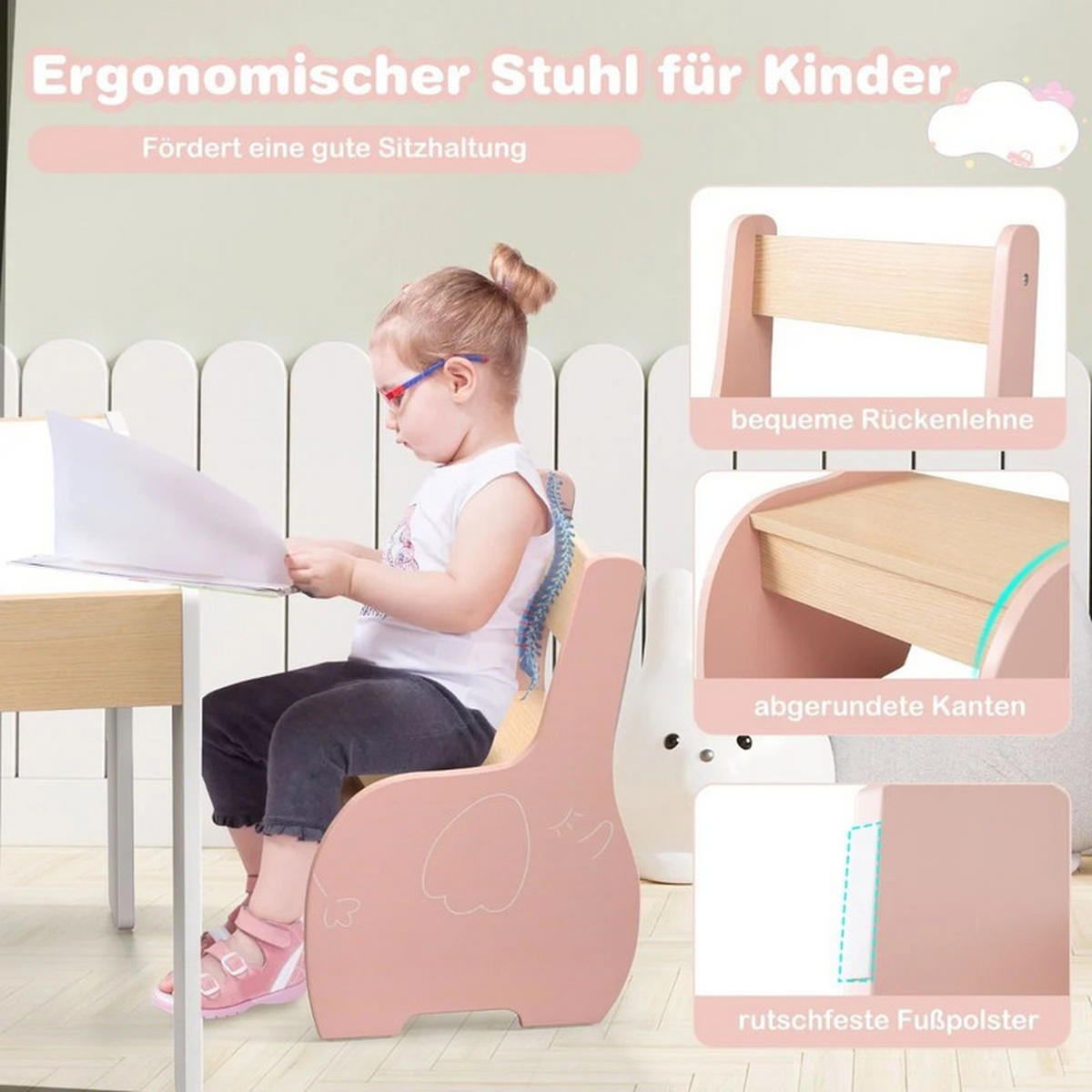 KINDERTISCH mit Stuhl rosa(3-tlg) - Pink, Holzwerkstoff (63.5/48/61.5cm) - COSTWAY