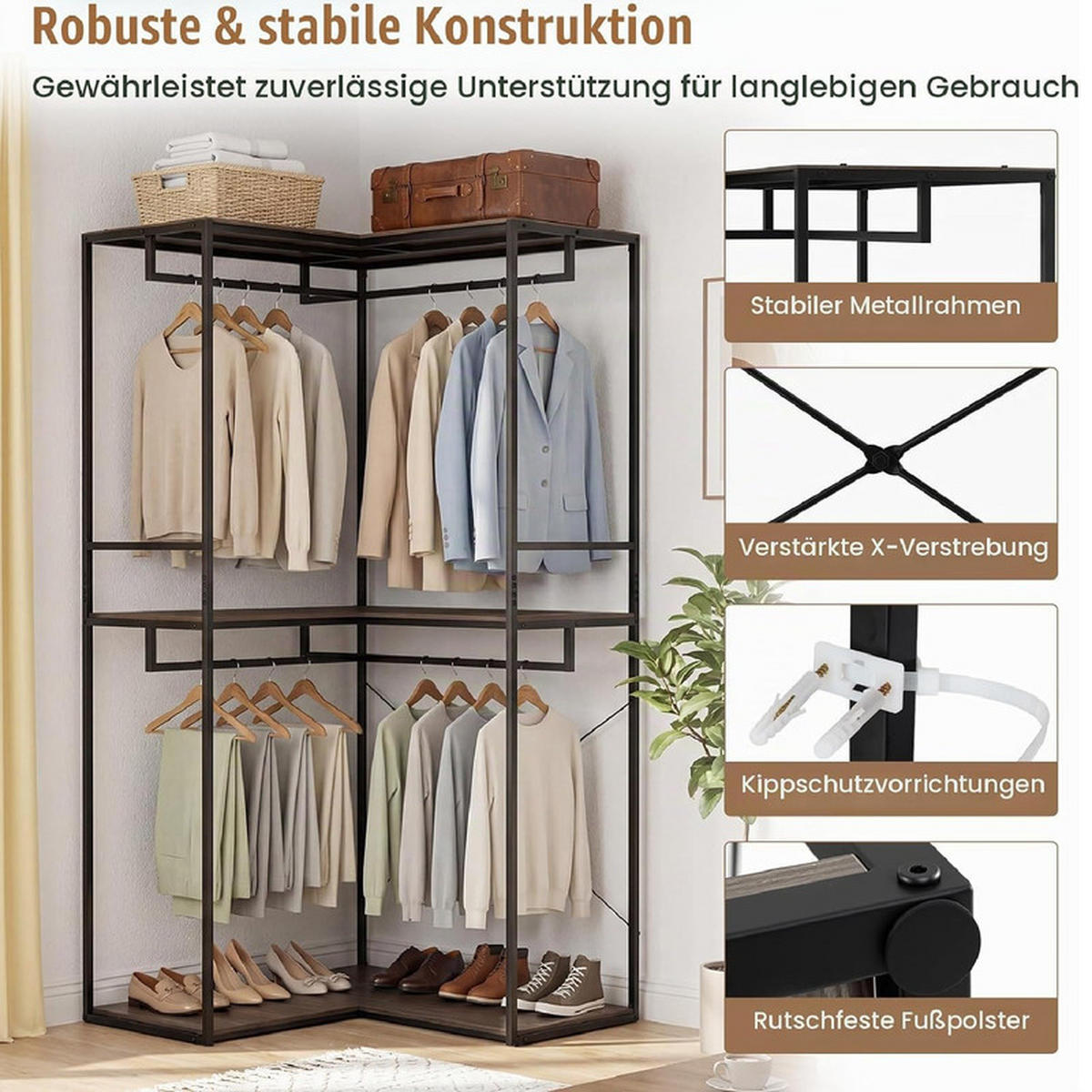 GARDEROBENSTÄNDER mit 3 Ablagen grau - Grau, Metall (100/200/100cm) - COSTWAY
