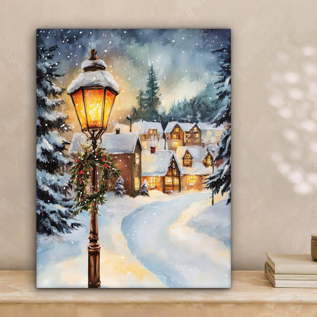 LEINWANDBILD Weihnachtsdorf - Häuser - Schnee - Weihnachten Room Decor 30x40 cm - Sandfarben, Textil (30/40cm) - MuchoWow