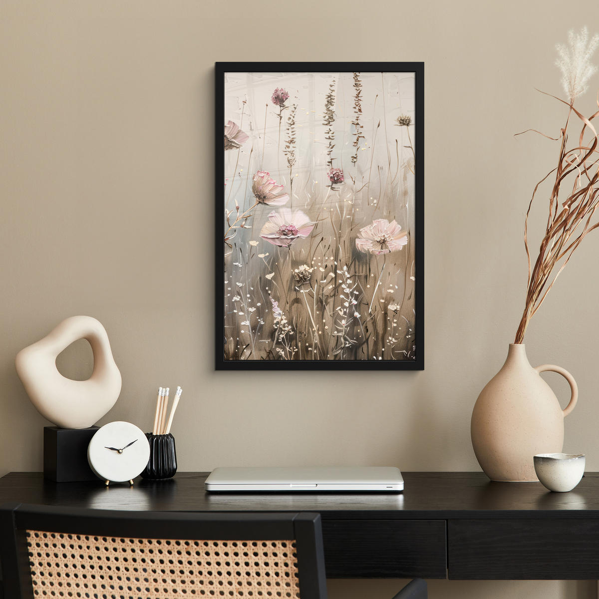 GERAHMTES BILD Blumen - Rosa - Modern - Beige 40x60 cm - Beige, Papier (40/60cm) - MuchoWow