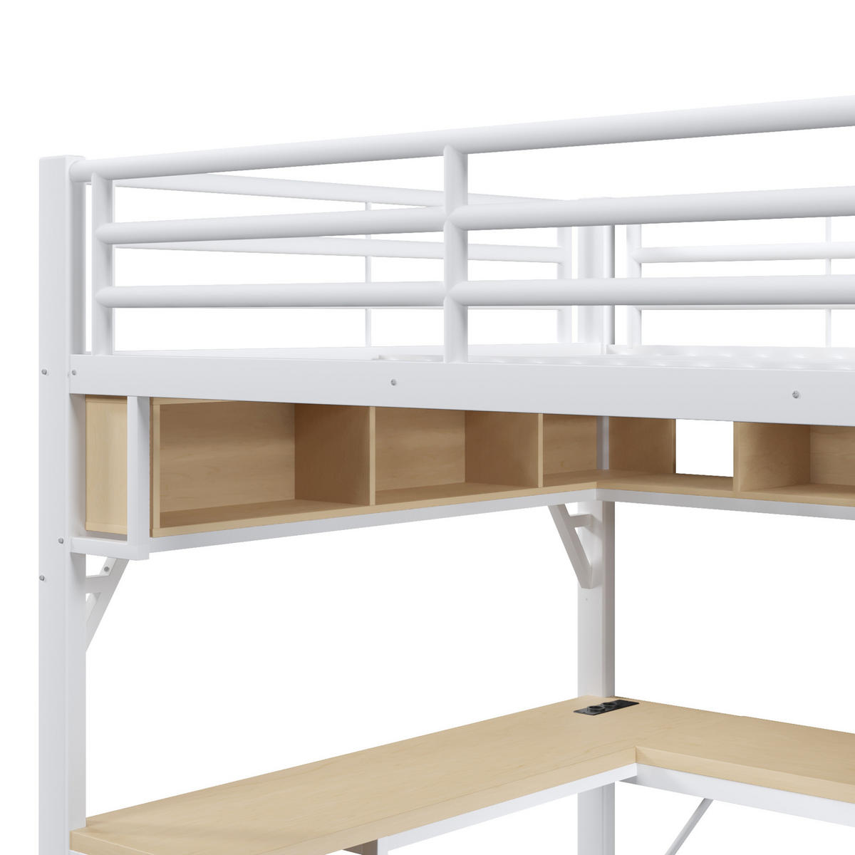 HOCHBETT aus Metall und MDF 140x200 cm Weiß mit Schreibtisch, Regal, Schrank, USB und LED-Beleuchtung - Weiß, Holzwerkstoff (140/200cm) - Modfu