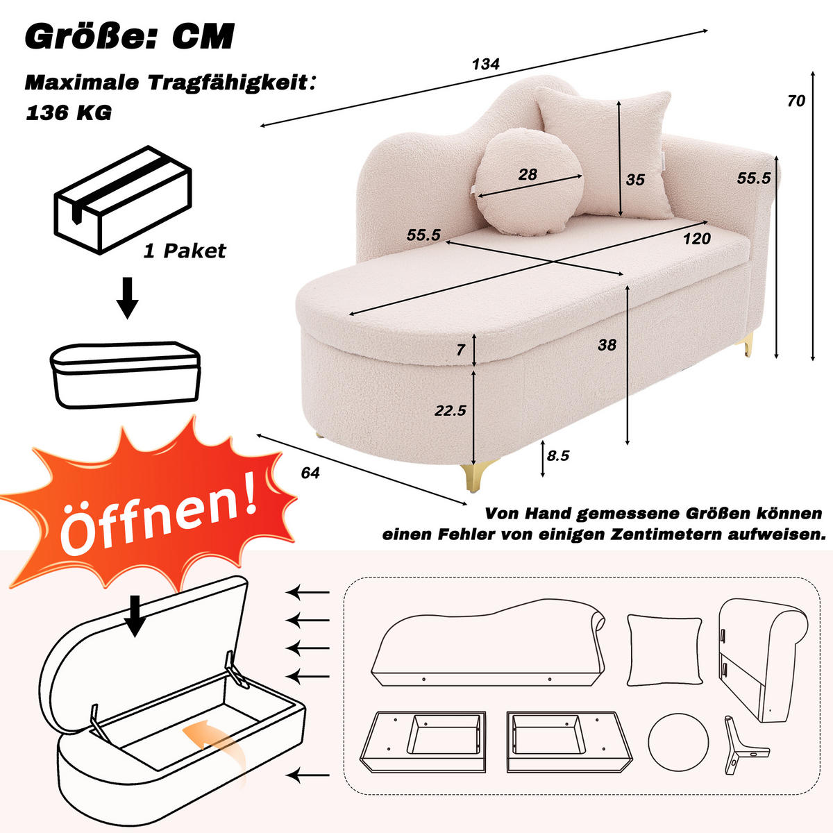 CHAISELONGUE 134 cm mit Stauraum, modernes Design, Teddyplüsch, wellenförmige Rückenlehne, inkl. Lenden- & Nackenkissen - Hellrosa, Textil (64/70/134cm) - Ej. Life