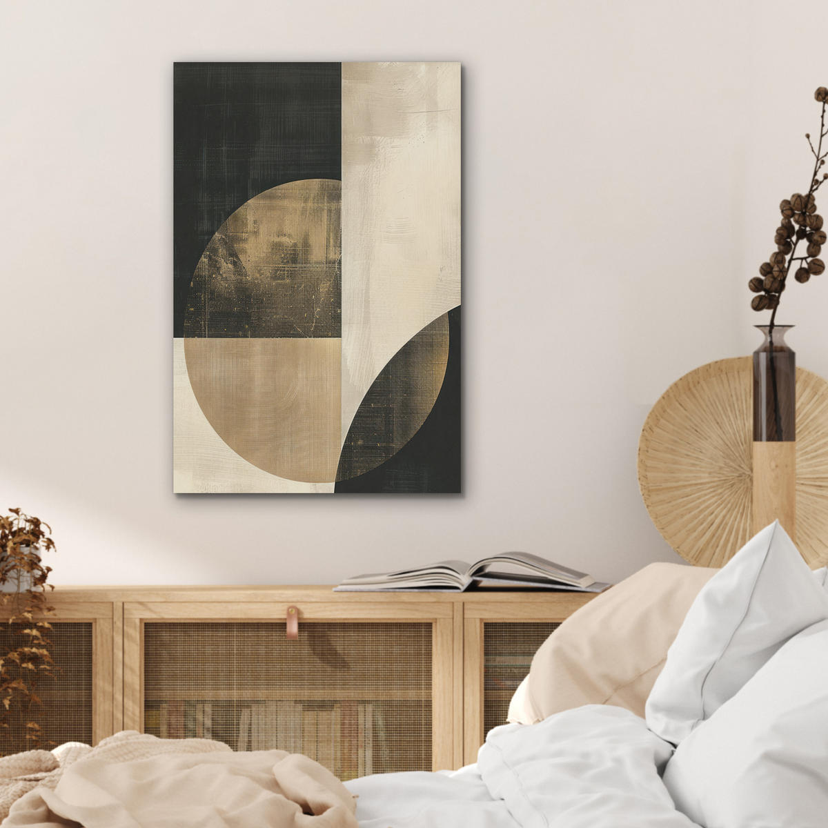 AKUSTIKBILD Abstrakt - Geometrische Formen - Schwarz - Gold Kunstdruck Schlafzimmer 50x70 cm - Ecru, Kunststoff (50/70/0.9cm) - MuchoWow