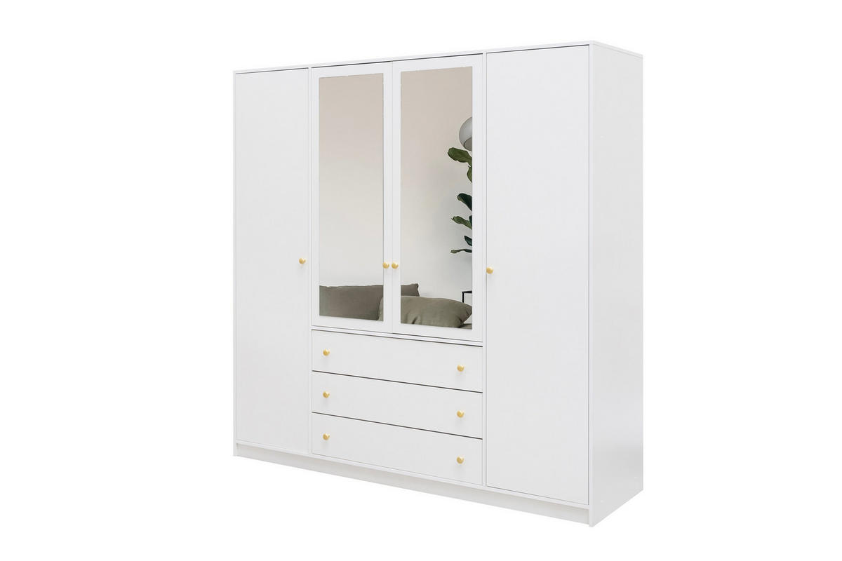 DREHTÜRENSCHRANK GALIO 196/200/57,5 cm 4-türig mit Spiegel Weiß - Weiß, Holzwerkstoff (196/200/57.5cm) - MASSENO