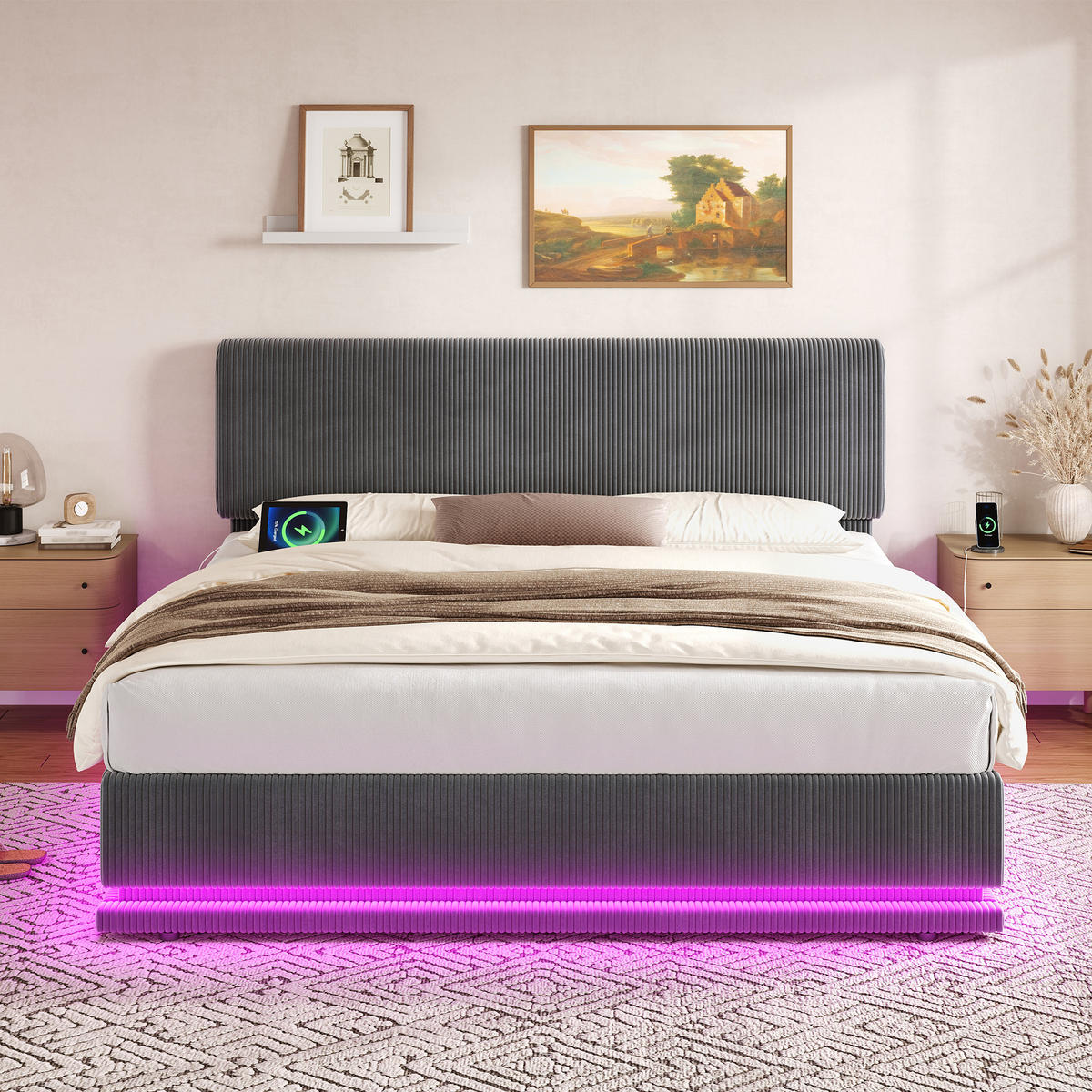 POLSTERBETT 180x200 cm LED USB Stauraum grau - Dunkelgrau, Textil (180/200cm) - LEBENLANG