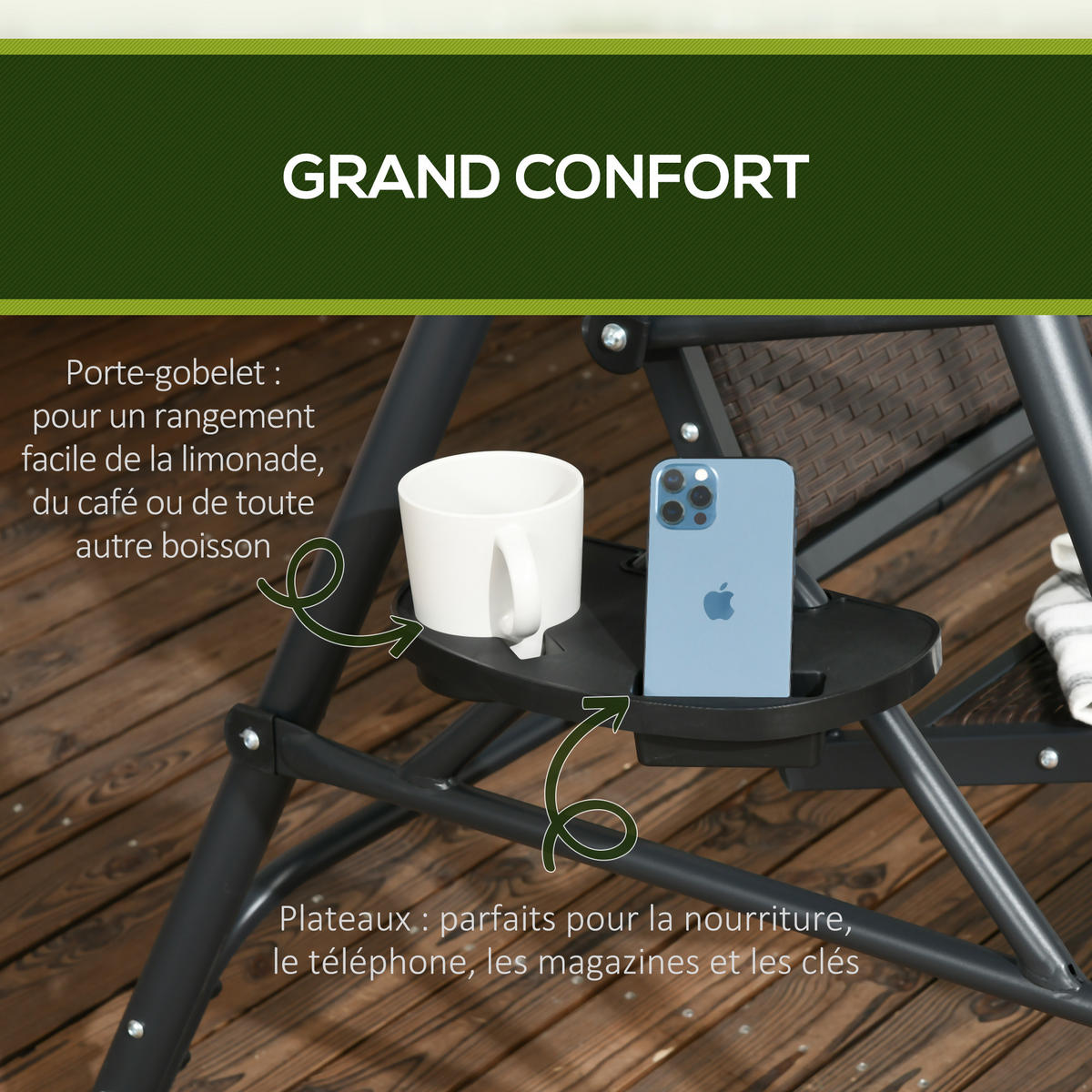 HOLLYWOODSCHAUKEL Grau 3-Sitzer 204/112/150 cm - Braun, Metall (204/150/112cm) - PANGIVO