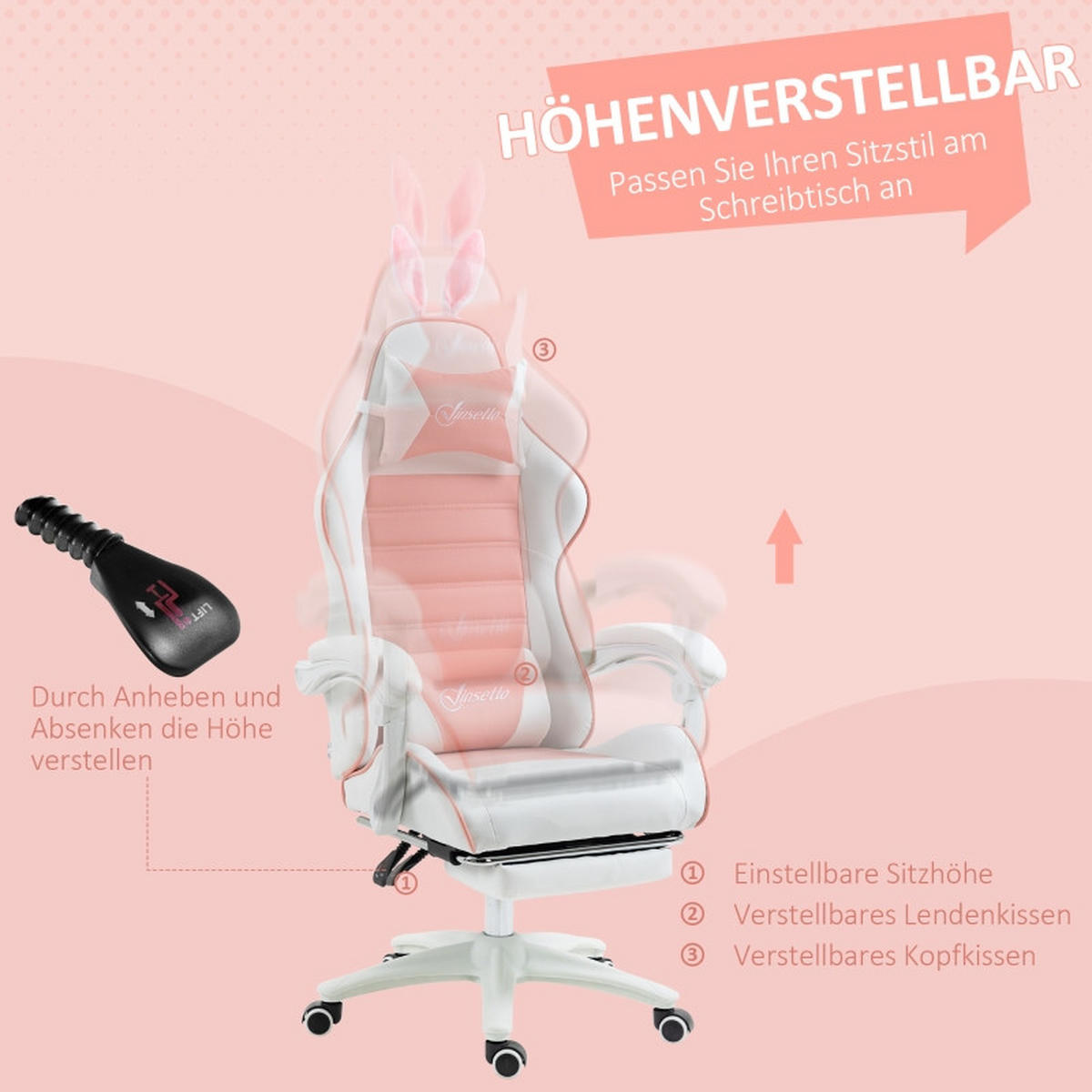 GAMINGSTUHL 65/63/136-142 cm, höhenverstellbar 44-52 cm, mit Fußstütze und Hasenohren, Bonded Leather, Pink - Pink, Kunststoff (63/142/65cm) - Redom