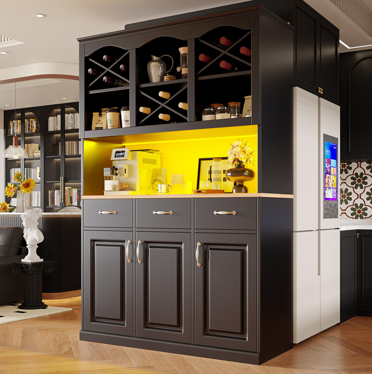 BUFFET 120/40/180 cm in Schwarz mit 3 Türen, 3 Schubladen und LED-Beleuchtung - Schwarz, Holzwerkstoff (120/180/40cm) - Flora Grace