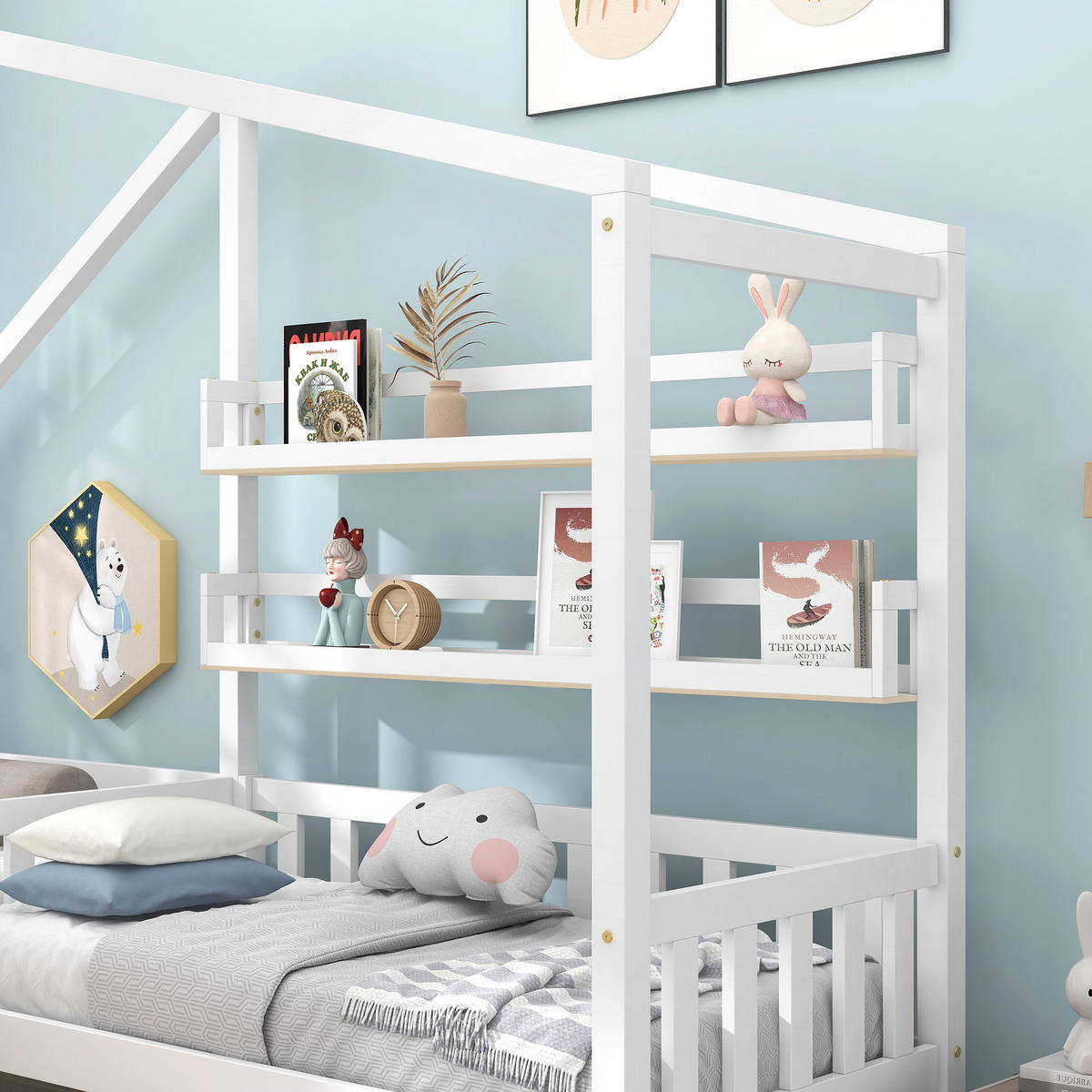 HAUSBETT 90/200 cm & 70/140 cm in Weiß Kinderbett mit Schublade, Regalen und Lattenrost in L-Form - Weiß, Holzwerkstoff (90/200cm) - STILVORA