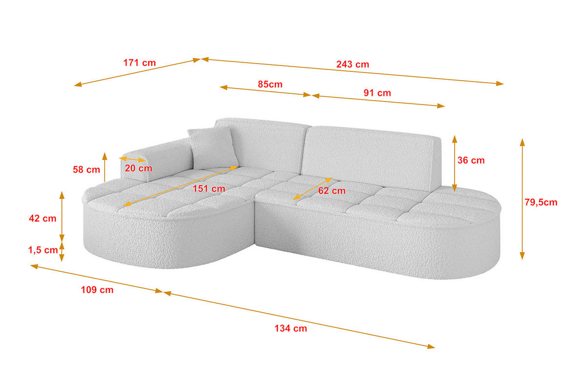 ECKSOFA Ottomane Links TARO-L1 - 243x171x79,5 cm Weiß - Weiß, Holzwerkstoff/Textil (243/171cm) - ALTDECOR
