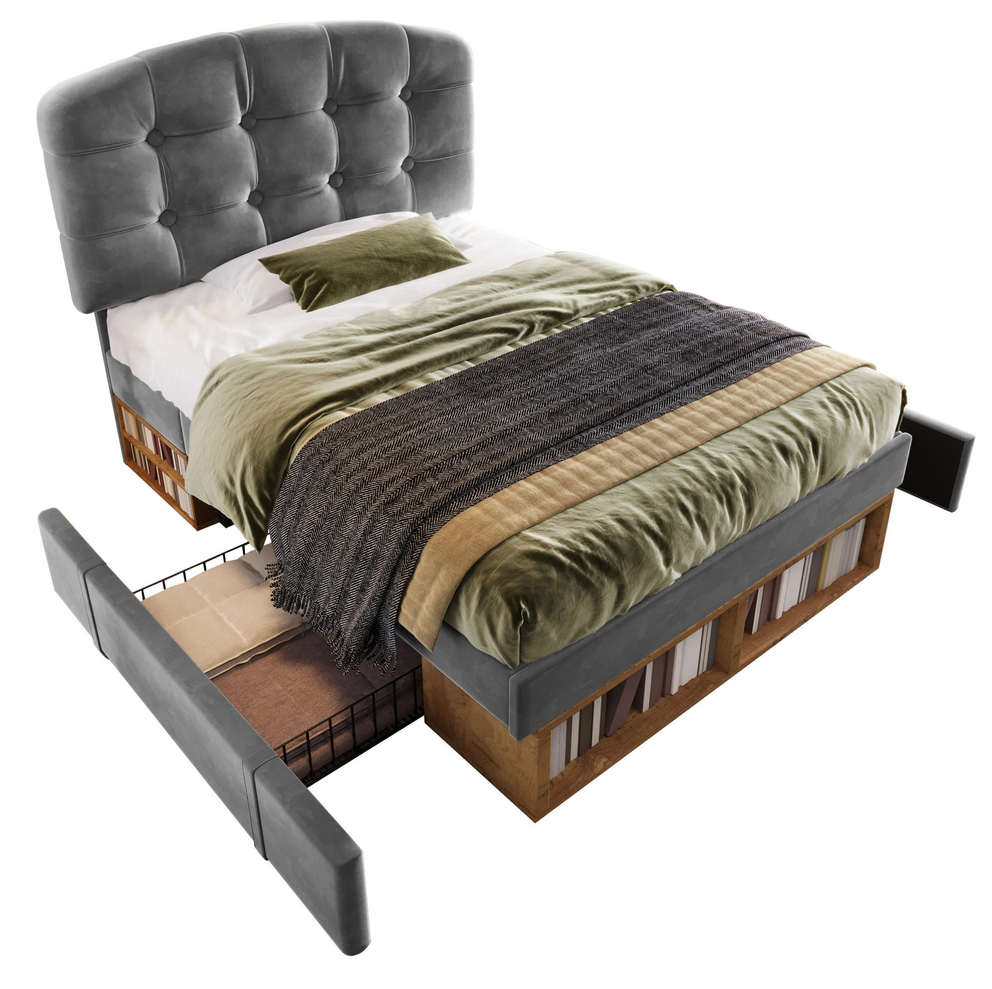 BETT mit Schubladen und Stauraum 90x200 cm Samt Grau - Grau, Metall (90/200cm) - Meubliv